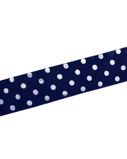 Panglica satin cu buline 4cm - 81-albastru-inchis+alb
