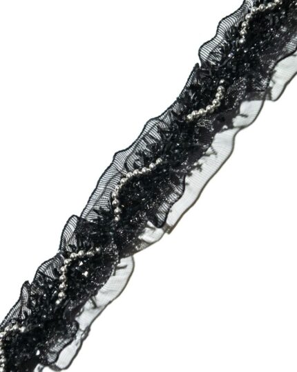 Dantela brodata cu lurex cu aspect metalic argintiu / auriu. Banda lurex dantela. Dantela brodata elastica cu fire lurex si margele