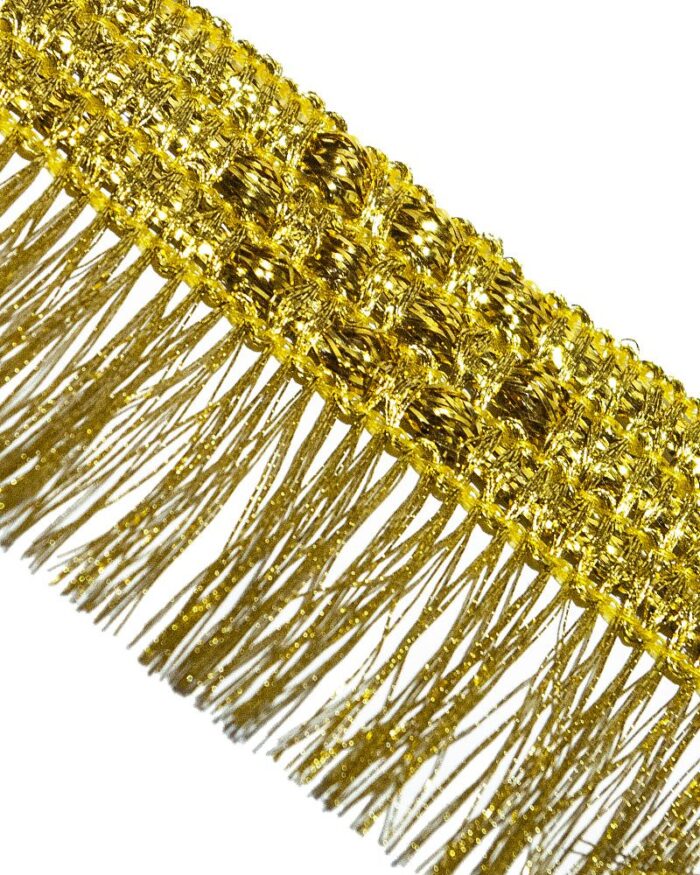 Dantela brodata cu lurex cu aspect metalic argintiu / auriu. Banda lurex dantela.