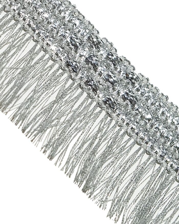 Dantela brodata cu lurex cu aspect metalic argintiu / auriu. Banda lurex dantela.