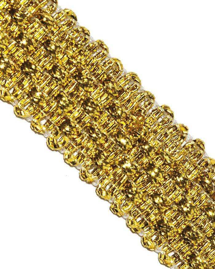 Dantela brodata cu lurex cu aspect metalic argintiu / auriu. Banda lurex dantela.