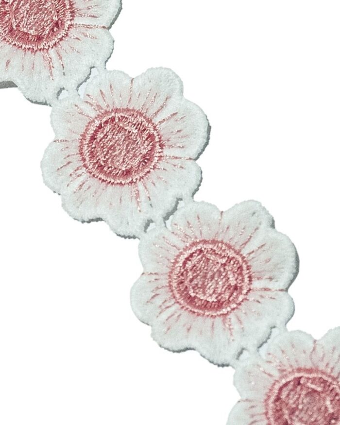 Dantela din bumbac cu flori poliester 35mm - FL202-roz-pal - imagine 1