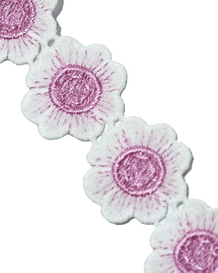 Dantela din bumbac cu flori poliester 35mm - FL205-roz - imagine 1