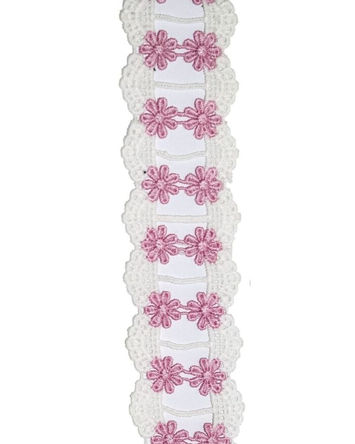 Dantela din bumbac cu flori poliester 45mm - D13-roz - imagine 1