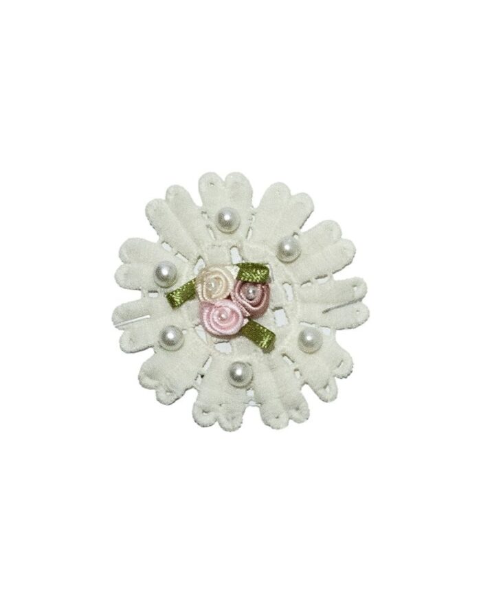 Dantela din bumbac cu flori si perle - FP102-alb-galbui - imagine 1