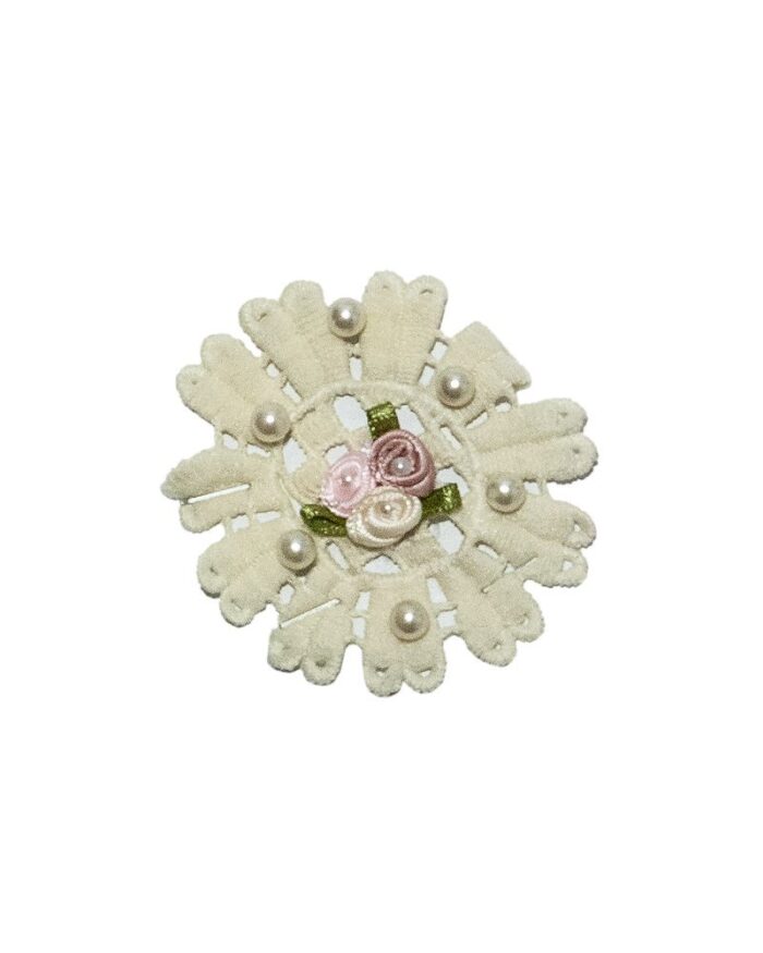 Dantela din bumbac cu flori si perle - FP103-crem - imagine 1