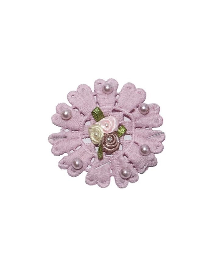 Dantela din bumbac cu flori si perle - FP104-roz - imagine 1