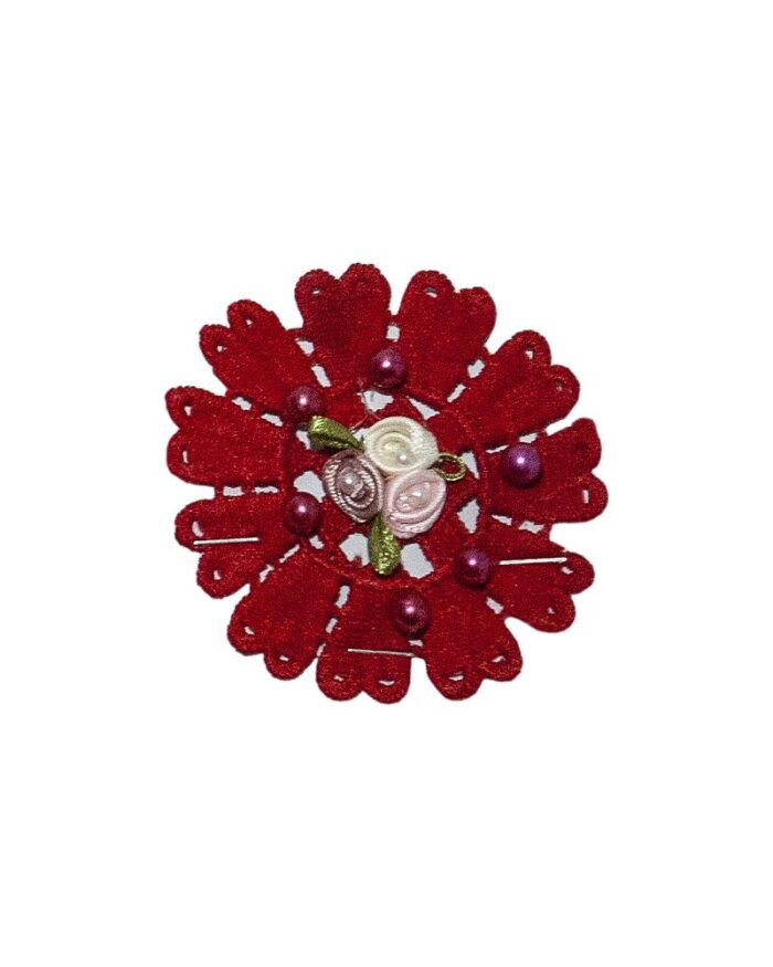 Dantela din bumbac cu flori si perle - FP105-rosu - imagine 1