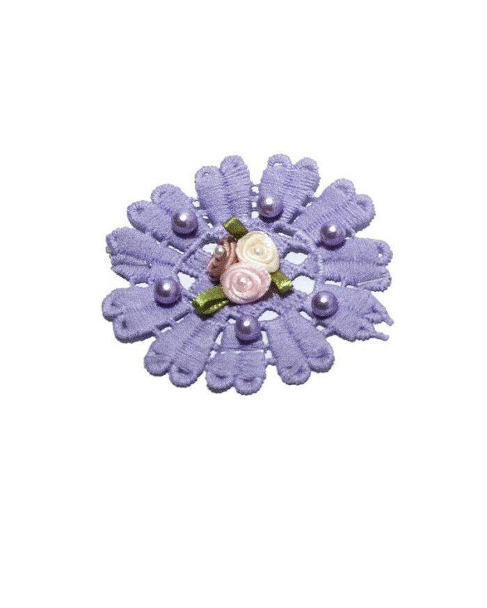 Dantela din bumbac cu flori si perle - FP106-lila - imagine 1