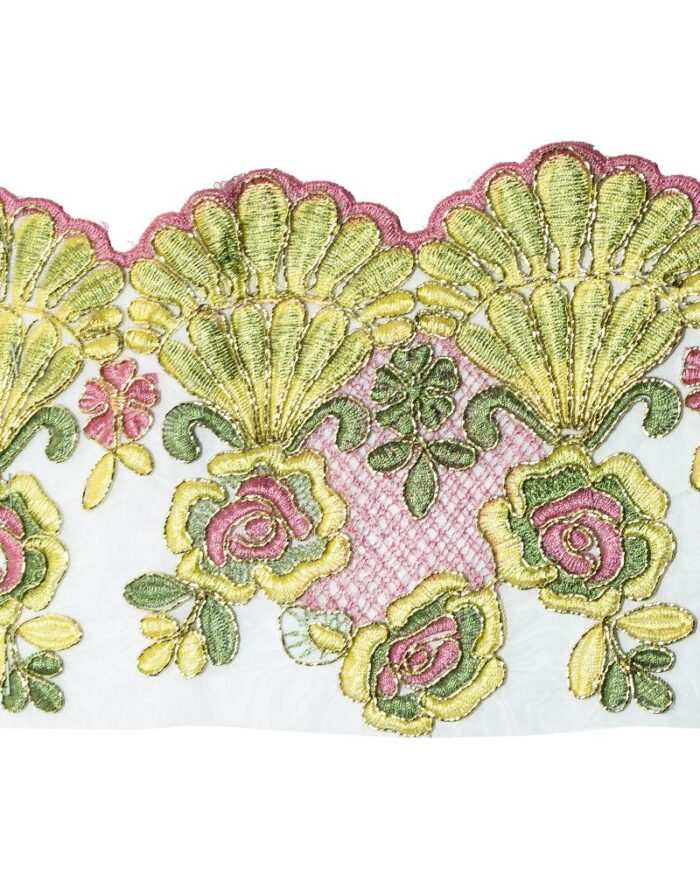 dantela-brodata-lurex-poliester-DBR559-14cm Dantela brodata poliester+lurex; dantela brodata lurex DBR; dantela brodata; dantela poliester florala 7cm; dantela poliester; dantela florala; dantela din poliester cu fluturi; dantela poliester flori