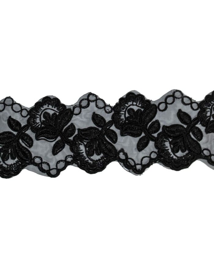 Dantela brodata poliester 65mm - DBR537-negru - imagine 1