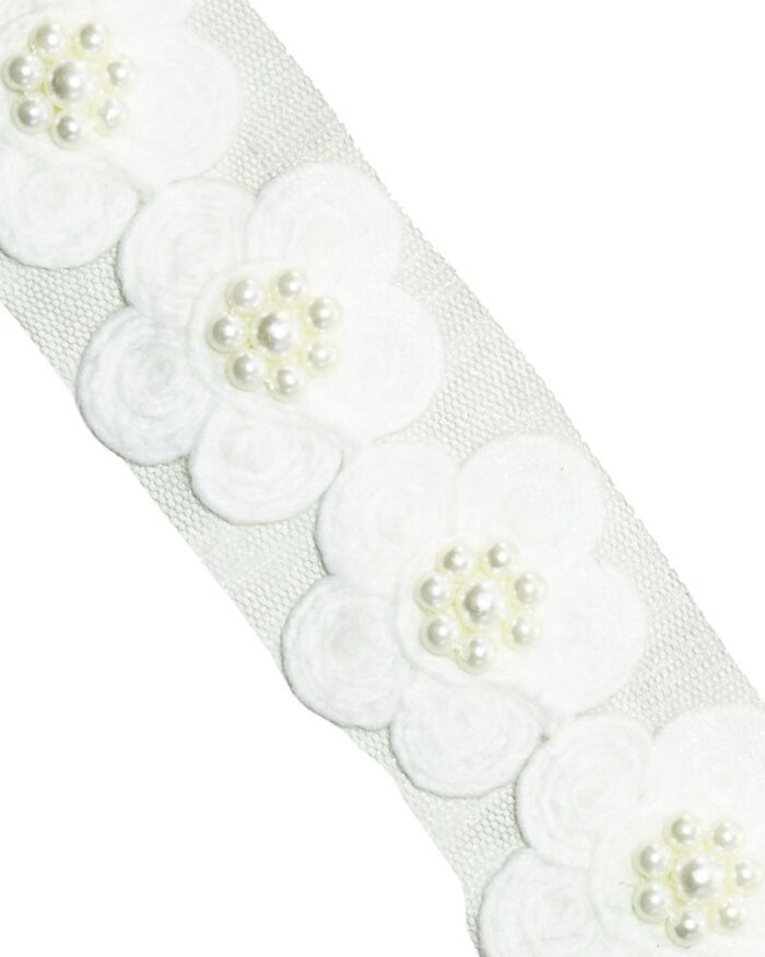 dantela din bumbac flori cu perle; dantela bumbac; dantela cu perle Dantela din bumbac flori cu perle - F99070-alb - imagine 1
