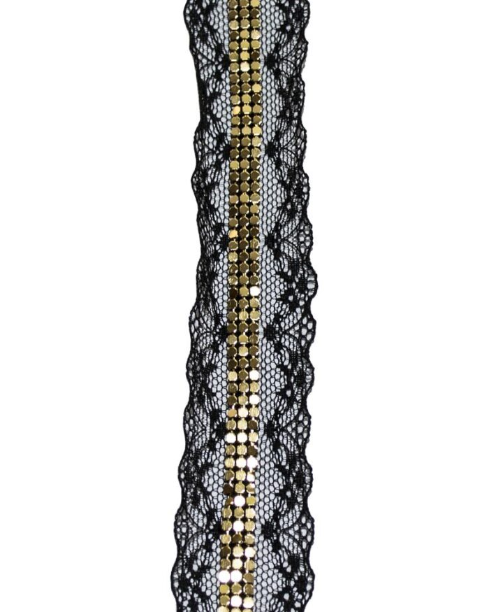 dantela brodata cu lant metalic 35+7mm - BL104-negru+auriu - imagine 1