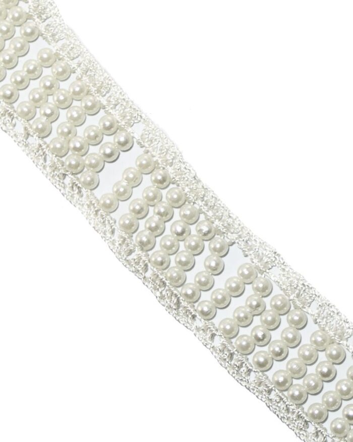 dantela brodata cu perle PO-35mm - PO14752-alb - imagine 1