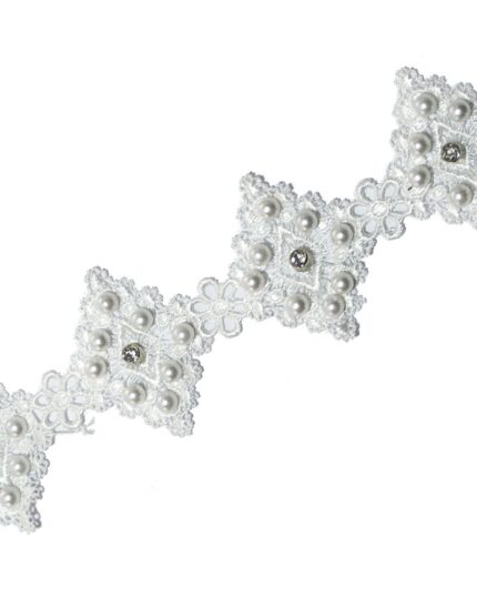 dantela brodata cu perle si pietre-50mm - A78-ALBA