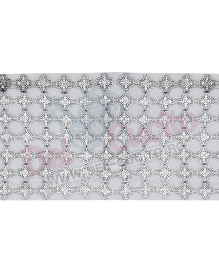 Banda decorativa plastic 7 randuri 105mm-F101-3-argintiu-WAT Banda decorativa plastic 7 randuri 105mm; banda decorativa la metru; plasa decorativa din plastic; banda decorativa pietre