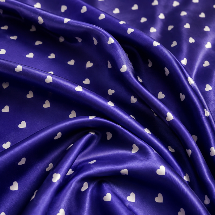 Material Satin Elastic imprimat cu inimioare – fundal mov - imagine 1