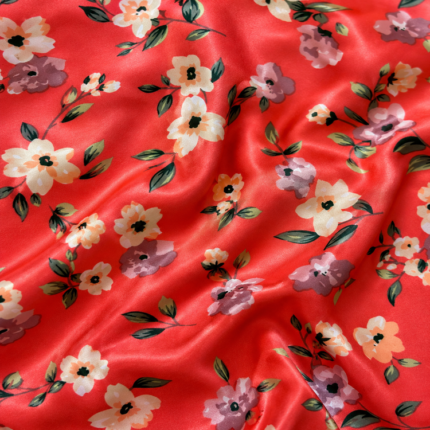 Material Satin Elastic floral pe fundal roșu