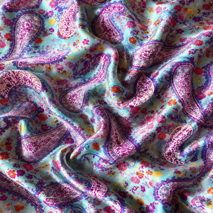 Material Satin Elastic Paisley turcoaz