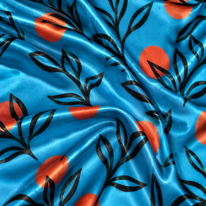 Material Satin Elastic Frunze și Cercuri Portocalii - imagine 1