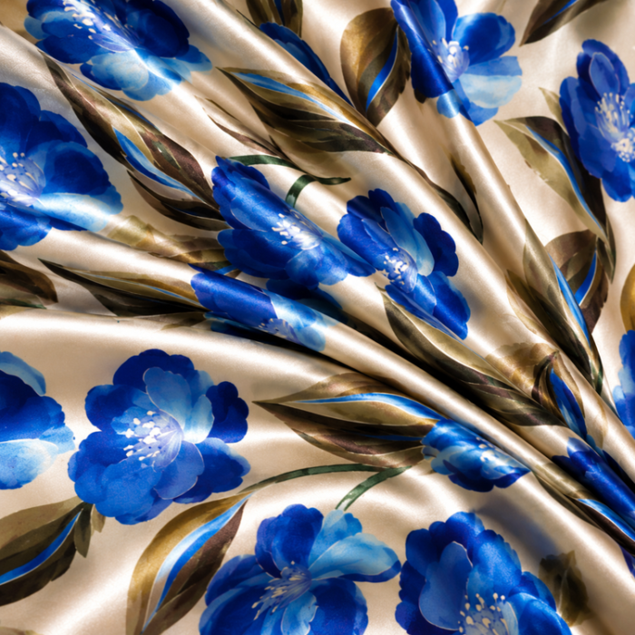 Material Satin Elastic cu Flori – Albastru - imagine 1