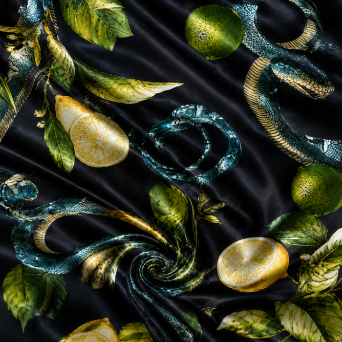 ChatGPT Image 8 iul. 2026, 14_52_38 Material Satin Elastic cu Șerpi și Lămâi – Fundal Negru - imagine 1