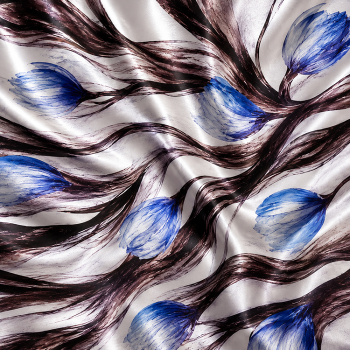 Material Satin Elastic cu Flori Albastre și Linii Decorative - imagine 1
