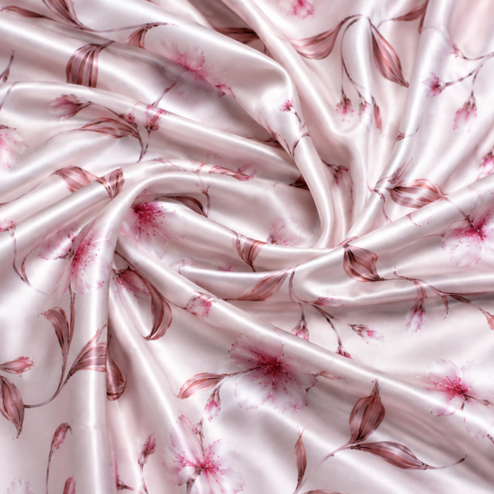 Material Satin Elastic cu Flori Delicate – Roz - imagine 1